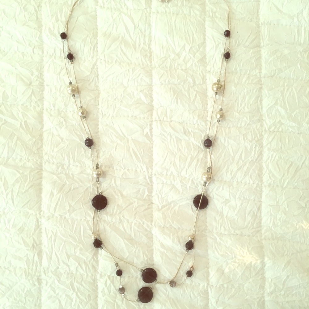 Black, white and clear beaded dangle necklace